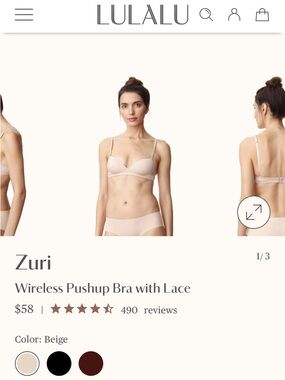 Zuri Wireless Pushup Bra with Lace — Beige